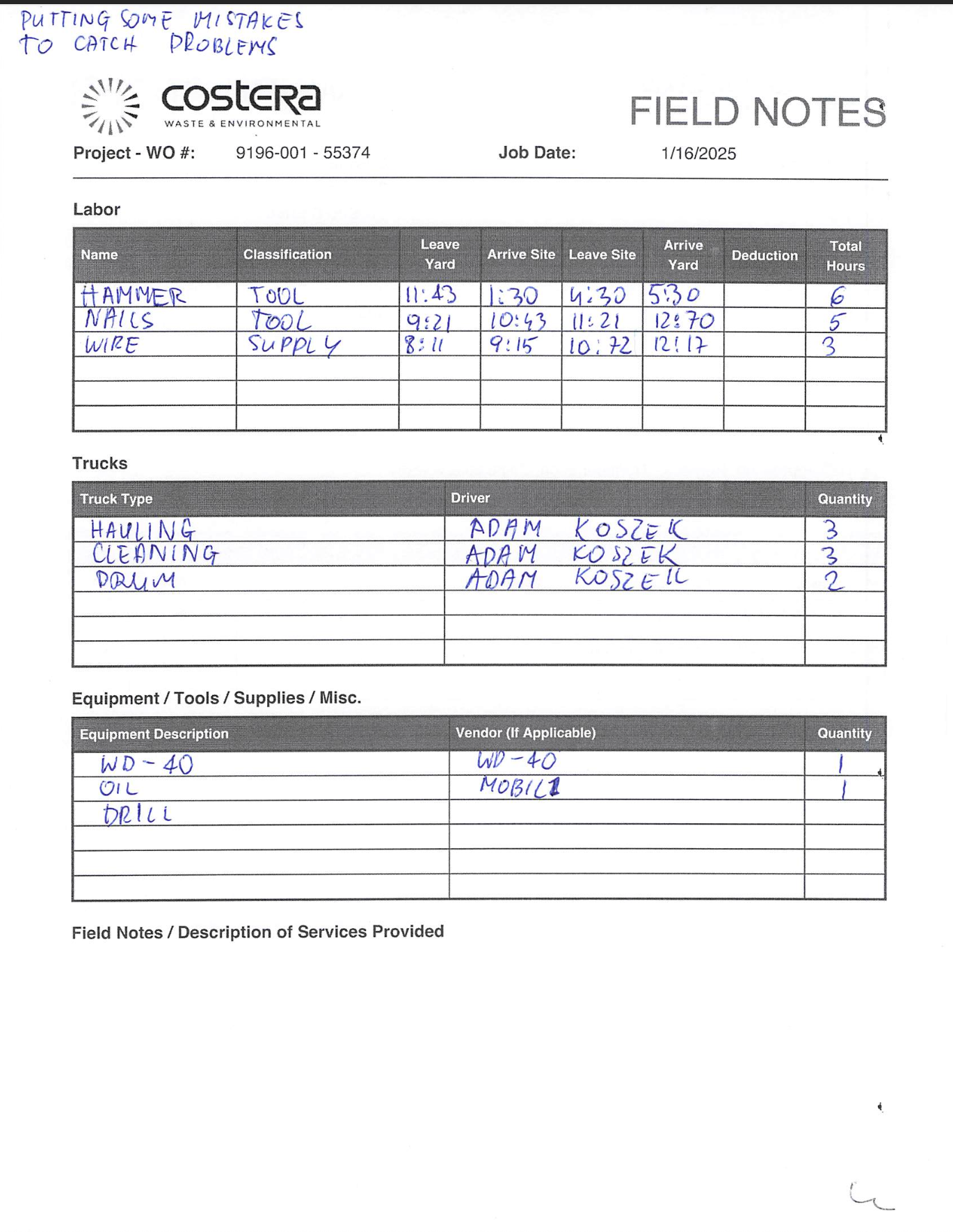 Costera Field Notes - Daily Log