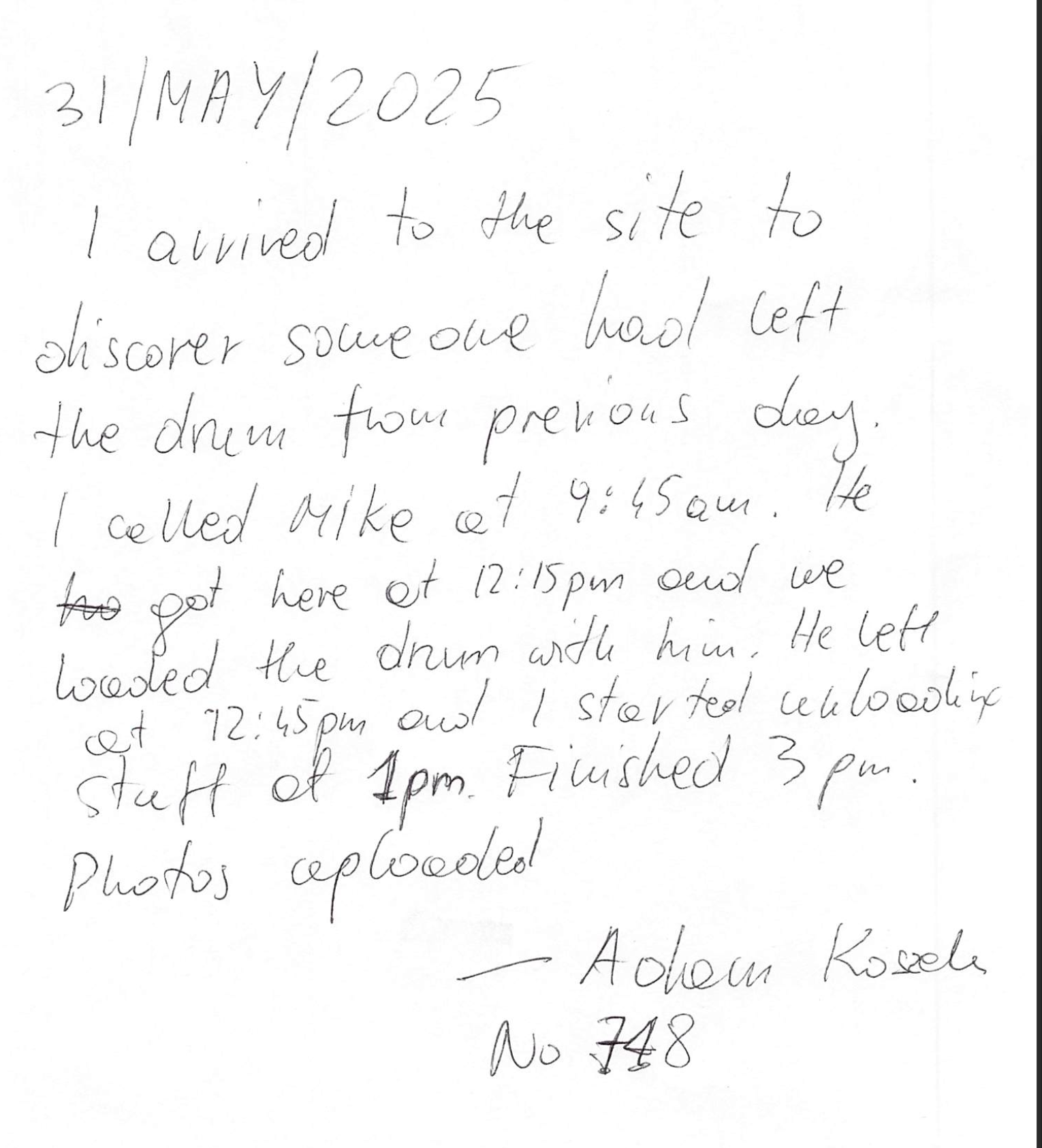 Handwritten Site Log